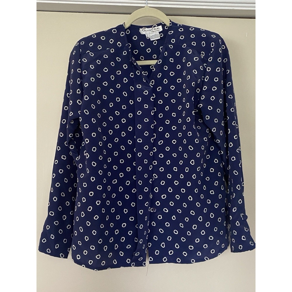 VTG Oscar De La Renta Sz 6 Navy Blue & White Blouse Geometric Print